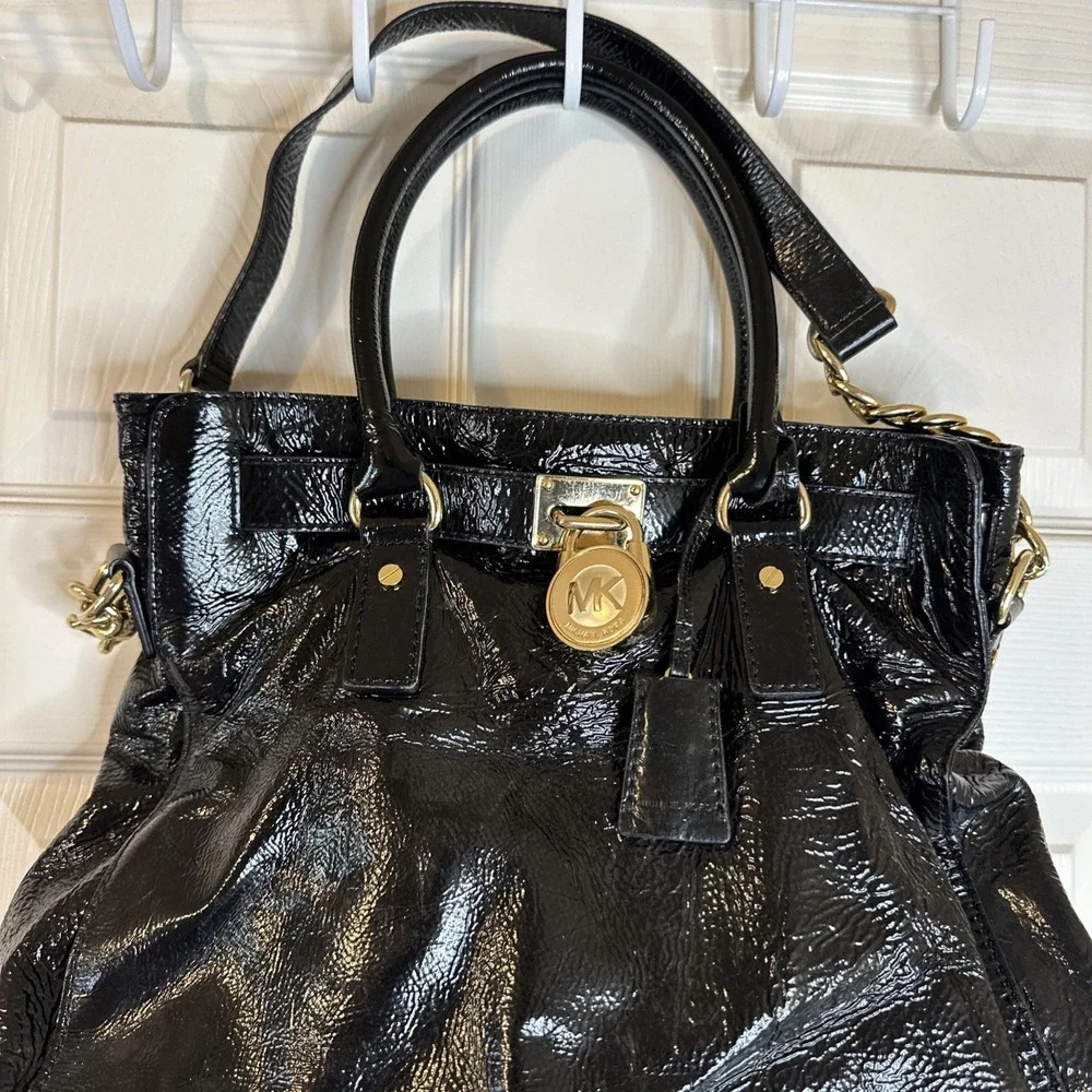 Michael Kors Black Large Satchel Top Handle Lock Chain Strap Gold Hardware